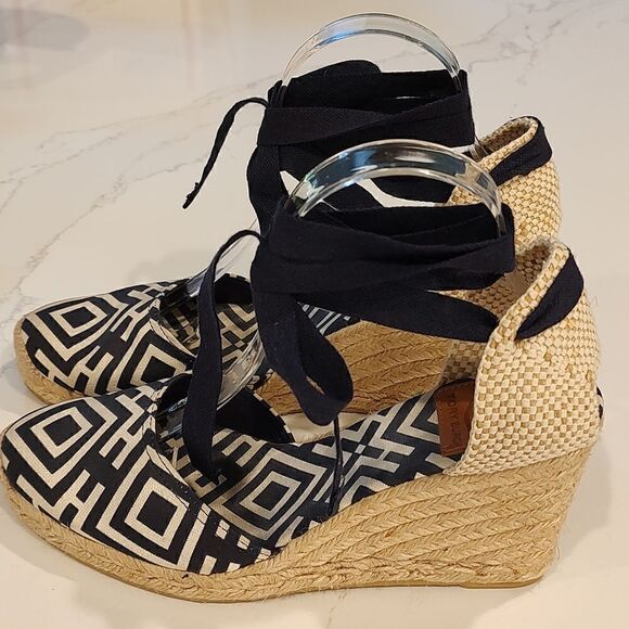 Tory Burch Geo Print Platform Wedge Espadrilles Navy White Boho Sandals - Picture 3 of 11